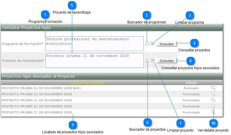 Consultar Proyectos Hijos