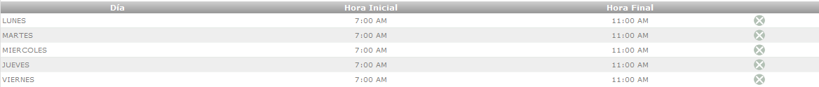Grilla de Horarios de Disponibilidad del Ambiente