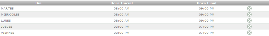Grilla de Horarios de Disponibilidad del Ambiente
