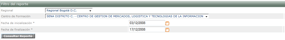 Panel Filtros del Reporte