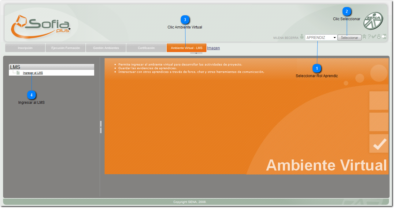 Seleccionar Rol Aprendiz  e Ingresar a Ambiente Virtual